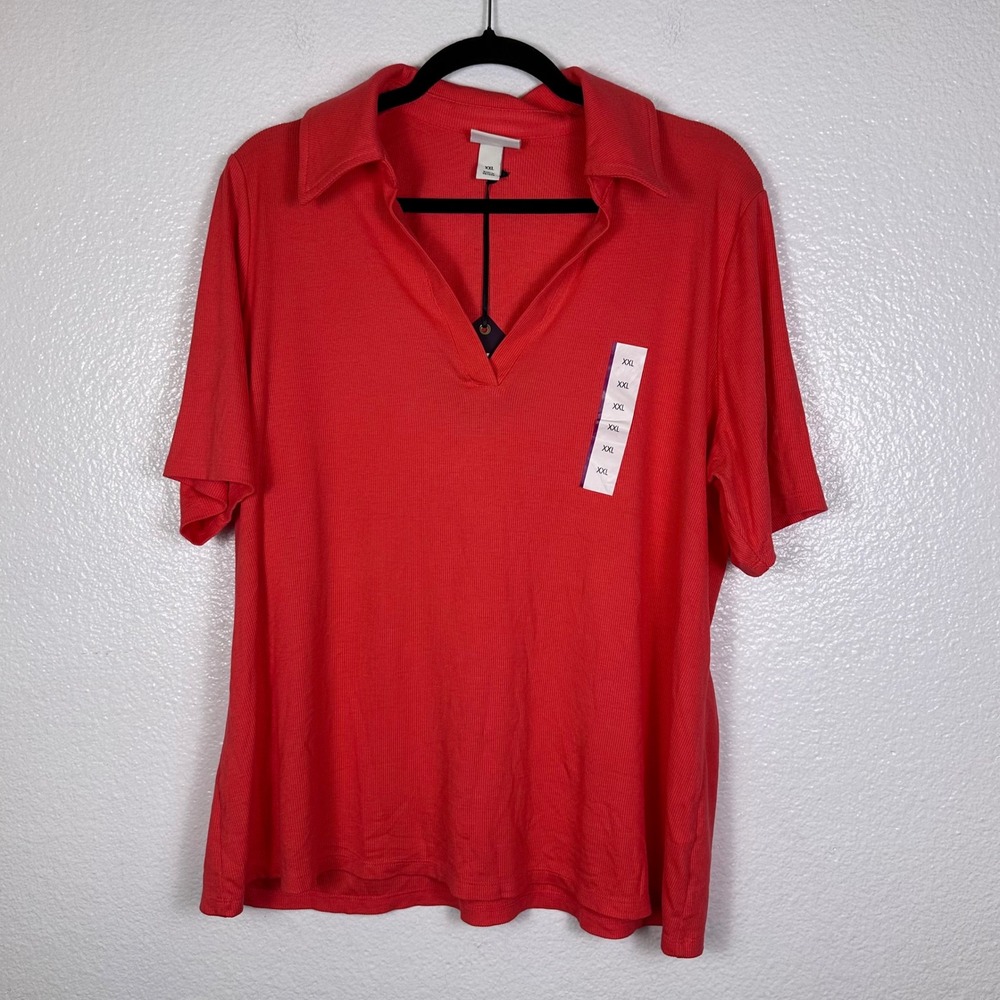 AVA & VIV Women XXL Coral Pink Ribbed Knit Polo Shirt Short Sleeve V-Neck New